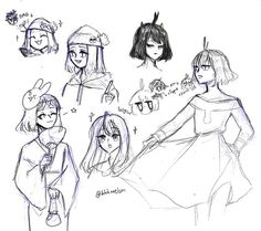 some sketches of people in different outfits and hair styles, one is holding the hand of another