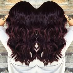 Fall Dark Hair Color, Burgundy Lowlights In Brown Hair, Dark Burgundy Balayage, Dark Hair Color Ideas For Winter, Dark Hair Colour Ideas, Blackberry Hair Color Dark, Purple Burgundy Hair Color, Burgundy Highlights On Dark Hair, Dark Cherry Brown Hair