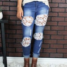 Distressed Ripped Denim Relaxed Fit Ankle Skinny Jeans With Mid Rise And Cuffed Hem. Crochet Lace Inserts Fabric That Hugs You In The Perfect Places For Great Fit And Comfort. Brand New Thank You! Fitted Denim Bottoms With Lace Trim, Casual Blue Lace Bottoms, Jeans With Lace, Jeans Ripped, Lace Insert, Ripped Denim, Ripped Jeans, Crochet Lace, Mid Rise