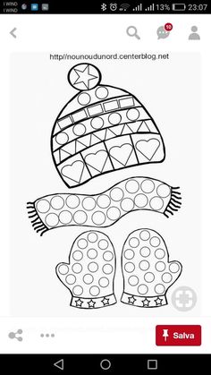 a black and white drawing of a hat and mittens on a cell phone screen