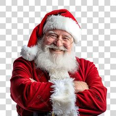 santa claus with his arms crossed and looking at the camera, wearing glasses and a red jacket