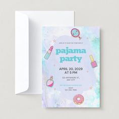 a birthday party card with donuts and other items on the front, in pastel blue watercolors