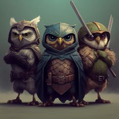 three owls are dressed in medieval clothing and holding swords while standing next to each other