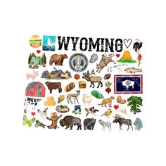 the word wyoming surrounded by many different types of animals and birds, including bears, deers, trees, and other things