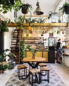 an indoor cafe with potted plants hanging from the ceiling and tables in front of it