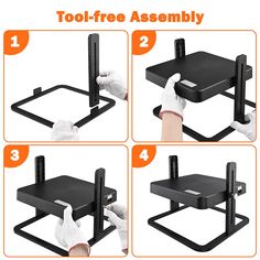 four images showing how to use the tool - free assembly system for furniture and accessories