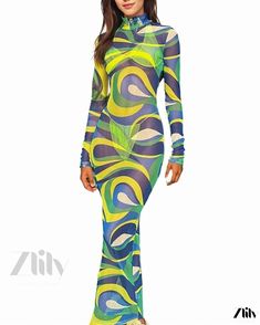 Zlily - Casual Floral Print Long Sleeve Round Neck Slim Fit Basic Dress made of Chiffon Fabric Green Printed Maxi Dress For Party, Sheer Green Maxi Dress For Summer, Green Sheer Beach Dress, Fitted Green Maxi Dress For Beach Cover-up, Fitted Multicolor Maxi Dress For Beach, Fitted Multicolor Maxi Dress For Beach Cover-up, Green Long Sleeve Maxi Dress For Beach Season, Green Sheer Fitted Maxi Dress, Long Sleeve Green Maxi Dress For Beach Season