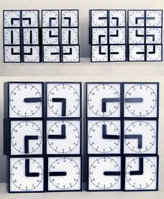 four clocks with different times on them are shown in black and white, each showing the same time