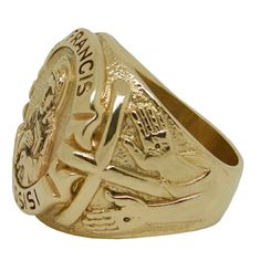 "SOLID 14K or 10K YELLOW GOLD ( Make your choice at the drop down menu!) HANDMADE ST. FRANCIS OF ASSISI STIGMATA MENS RING Original unique design with beautiful details and amazing art work Rare piece, top quality, best craftsmanship, handmade Excellent new condition, very heavy, stamped 14K or 10K Top dimensions 20 mm. WEIGHT AROUND: 14K = 27-28 grams ; 10K= 22-24 grams There is a very detailed and intricately designed frame that makes the ring an extremely rare and attractive piece. The face o Gold Polished Symbolic Signet Ring, Gold Signet Ring With 17 Jewels, Symbolic Gold Rings For Formal Occasions, Gold Symbolic Rings For Formal Occasions, Elegant Gold Ring For Commemoration, Heirloom Style Yellow Gold Ring For Commemoration, Classic Gold Signet Ring For Commemoration, Symbolic Yellow Gold Signet Ring For Commemoration, Commemorative Yellow Gold Rings Stamped 14k