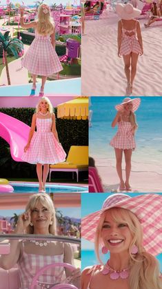 a collage of photos with barbie dolls in pink and white dresses, hats, and umbrellas