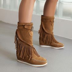 Category:Boots; Upper Materials:Faux Suede; Embellishment:Tassel; Season:Fall,Winter; Heel Type:Flat Heel; Gender:Women's; Type:Mid Calf Boots; Style:Vintage,Casual,Fashion; Heel Height(inch):<1; Outsole Materials:Rubber; Occasion:Party,Daily,Work,Outdoor; Closure Type:Loafer; Pattern:Solid Color; Listing Date:10/25/2023; 2024 Trends:Suede Shoes,Plus Size Fall Heel, Womens Suede Boots, Plus Size Party, Moccasins Women, Tassel Shoes, Party Outdoor, Suede Moccasins, Boots Cowboy, Heels Online