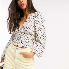 Women’s Size Small New With Tags Chic Polka Dot Blouse For Spring, Chic Polka Dot Blouse For Brunch, Trendy Polka Dot Blouse For Day Out, Crisp White Blouse, Checked Blouse, Black Sheer Top, Black Sheer Blouse, Silky Blouse, Black And White Blouse