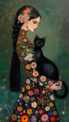 a painting of a woman holding a black cat with flowers on it's dress