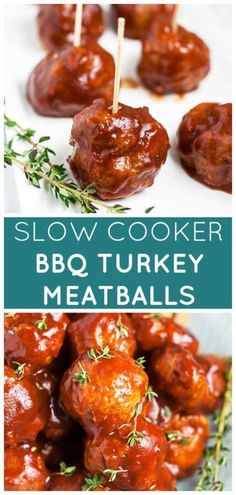 slow cooker bbq turkey meatballs on skewers with text overlay