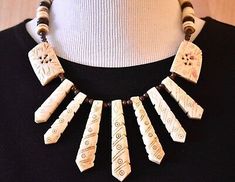 Vintage Beaded Geometric Tribal Ethnic Statement Necklace Off White Brown 19.5" | eBay White Bohemian Jewelry With Wooden Beads, Bohemian White Jewelry With Wooden Beads, Traditional Beaded Beige Jewelry, Traditional Cream Necklace As A Gift, Traditional Cream Necklace For Gift, Bohemian Cream Necklace For Festivals, Bohemian Cream Jewelry For Festivals, Bohemian Bone-colored Necklace For Festivals, Bohemian Cream Jewelry With Wooden Beads