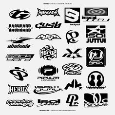 various logos and emblems are shown in black and white