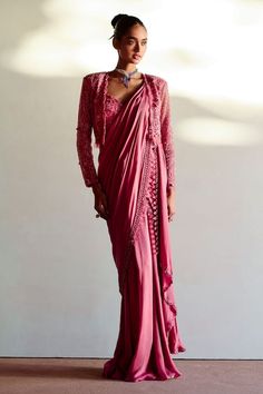 Rose pink satin georgette and net pre-draped saree with floral motifs and beaded embroidered borders. Comes with a blouse and a short jacket. - Aza Fashions Saree With Short Jacket, Draped Saree, Drape Saree, Floral Motifs, Pink Satin, Short Jacket, Set For Women, Rose Pink, Aza Fashion