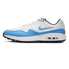 The Mens Air Max 1 G From Nike Combines A Synthetic Upper With A Durable Rubber Sole. These Fashion Trainers Feature Lace-Up Fastening, Cushioned Insole And Textile Lining. Finished With Nike Branding, The Style Ci7576-101 Comes In A White Blue Colourway. Product Details Sole Material: Rubber Outer Material: Synthetic Closure Type: Lace-Up Water Resistance Level: Waterproof Nike Custom Breathable Synthetic Sneakers, Nike Low-top Golf Shoes For Sports, Breathable Low-top Golf Shoes, Breathable Golf Sneakers, Blue Custom Sneakers For Light Sports, Fade-resistant, Blue Mesh Sneakers With Air Max Cushioning, Blue Custom Sneakers For Light Sports, Blue Mesh Air Max Cushioned Sneakers, Nike White Breathable Golf Shoes