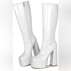 White Platform Gogo Boots For Women Chunky High Heels Knee High Stretch Boots About This Item Measurement: These Mid Calf Boots With 1.97in/5cm Platforms And 5.51in/14cm Chunky Heels. With 8.26iin/21cm Shaft And 11.02in/28cm Boots Opening. You Can Witness The Sexy Of These Women Boots When You Dress It Up. Outstanding Features: The High Heel Boots Are Fashion Lover. Featured By The Popular Platform, Thick Triangle High Heel, Chic Square Toe, Easy On And Off Side Zipper Closure, Concise Solid Design. High Quality Boots: The Women Boots Are Made Of Quality Soft Leather And Microfiber Which Are Wear Resistant And Soft. Fleece Lining Is Comfortable To Wrap Leg And Keep Warm. Anti-Slip Rubber Platform Gogo Boots, White Chunky Boots, White Gogo Boots, Stretch Boots, High Quality Boots, Gogo Boots, White Platform, Chunky High Heels, Halloween 2024