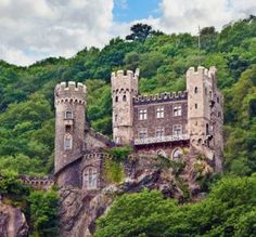 an old castle sitting on top of a cliff in the middle of some trees and mountains