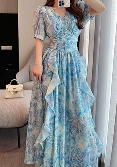 Size chart (CM) size Length Bust Waist Sleeve Shoulder S 125 88 68 27 35 M 126 92 72 27 36 L 127 96 76 27.5 37 XL 128 100 80 27.5 38 Sleeve Style: Puff SleeveNeckline: V-NeckDecoration: RUFFLESStyle: BohemianMaterial: PolyesterClosure Type: zipper Long Blue Dresses With Sleeves, Guphsey Dresses Fancy, Luxury Short Sleeve Dresses For Prom Season, Luxury Romantic Blue Midi Dress, Luxury Blue Vintage Maxi Dress, Luxury Vintage Blue Maxi Dress, Pretty Long Casual Dresses, Pretty Dresses Casual Long, Luxury Blue Feminine Maxi Dress