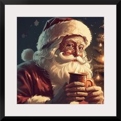 a painting of santa holding a cup of coffee in front of a christmas tree with lights