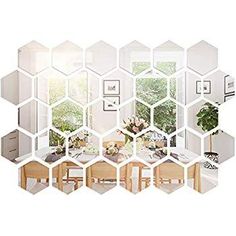 an image of a room with hexagonal mirrors on the wall