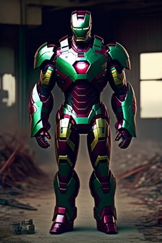 an iron man is standing in the middle of a room