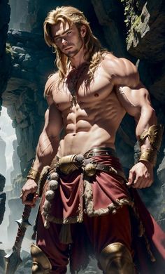 a man with long hair and no shirt on standing in front of a rock cave