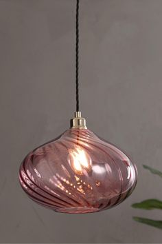 a pink glass light hanging from a black cord next to a potted green plant