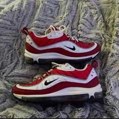 Great Condition Nice Material Red And White Only Worn A Few Times Size 7.5 Women Very Comfortable No Box Make Offers Bundle To Save Spam Ideas, Nike Airmax 98, Spam Idea, White Only, Red Sneakers, Shoes Nike, Womens Shoes Sneakers, Red Color, Nike Shoes