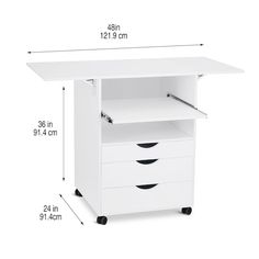 a white desk with three drawers and measurements for the top shelf, bottom drawer open