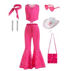 a pink outfit and accessories are shown on a white background