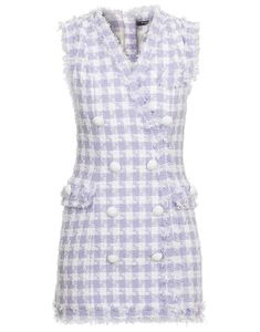 Balmain Gingham tweed and signature button detailing define this sleevess wrap dress with double-breasted styling. 71% Cotton 17% Polyamide 12% Acetate Dry Clean Made in UK Spring Plaid Tweed Dress, Spring Tweed Dress With Houndstooth Pattern, Spring Office Tweed Dress With Houndstooth Pattern, Spring V-neck Tweed Dress, Chic Spring Tweed Dress With Houndstooth Pattern, Spring Houndstooth Tweed Dress, Tweed Dress, Double Breasted, Peplum Top