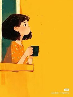 a painting of a girl holding a coffee cup in her hand and looking out the window