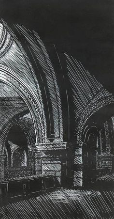 black and white drawing of an old train station with arched doorways in the background