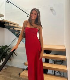 Charming Red Straps Satin Long Party Dress with Split Simple Formal Dress Year 9 Formal Dresses, Photo Ideas With Long Dress, Formal Dresses For Brunettes, School Formal Outfits, Brunette In Red Dress, Dinner Dance Dress, Brunette Prom Dress, School Dance Dresses Long, Year 10 Formal Dresses Australia