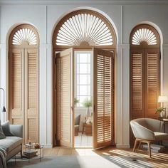 a living room filled with furniture and wooden shutters