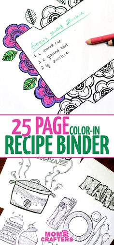 the 25 page color in recipe binder is shown with markers and pencils on it