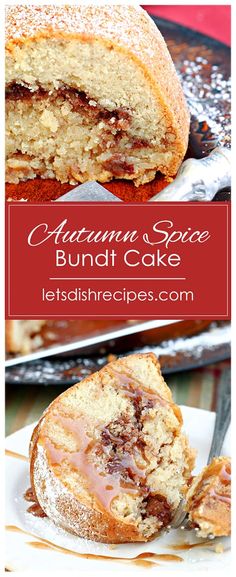 a close up of a bundt cake on a plate with the words, autumn and spice bundt cake