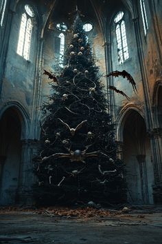 a gothic christmas tree in an old church