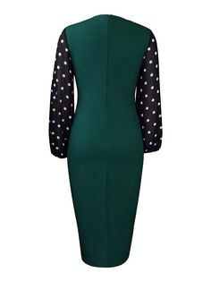 Material:70-80% Polyester & Spandex. Features:Long sleeve. mesh sleeves. polka dot. zipper. asymmetrical hem. patchwork. bodycon midi dress.Style: Casual Fitted Patchwork Midi Dress For Work, Fitted Patchwork Midi Dress For Fall, Long Sleeve Polka Dot Midi Dress For Party, Polka Dot Long Sleeve Midi Dress For Party, Fitted Splicing Midi Dress, Knee-length Fitted Dress With Splicing, Fitted Knee-length Dress With Splicing, Fitted Knee-length Dress With Splicing Details, Fitted Midi Dress With Splicing