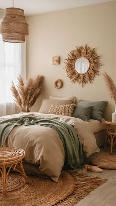 a bedroom with a large bed, wicker chairs and round mirror on the wall