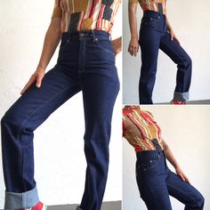 "Vintage denim pants - J.A.J.Westland Made in France 1960's Authentic straight cut jean from the 60s. Thick dark blue denim with yellow stitch. 5 pockets High waist. Five Star button and YKK zipper. Brand label on the right back pocket. In perfect condition. Deadstock item. Material: 100% cotton Size: No label Estimated size: EU 34/36 - US 25/26 Our model wears usually a size S (US 26/27) and measures 170cm/66,9\". Please take into account measurements! Measures taken flat : Waist: 33cm - 12,9\" Retro High Waist Bottoms With Five Pockets, Retro High Waisted Bottoms With Five Pockets, Retro Wide Leg Rigid Denim Jeans, Vintage High Waist Bottoms With Five Pockets, Vintage High-waist Bottoms With Five Pockets, Retro Tapered Leg Pants With Five Pockets, Vintage High Waist Pants With Five Pockets, Vintage High-waist Pants With Five Pockets, Retro Denim Blue Pants With Belt Loops