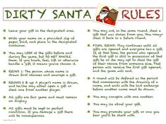 a santa clause poem is shown in green and red text, with the words dirty santa rules