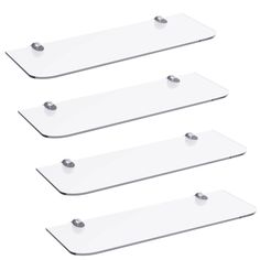 three white glass shelves with metal handles