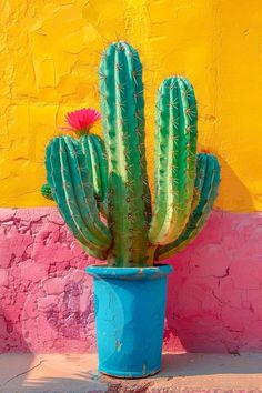 a cactus in a blue pot with a pink flower on the top and a yellow wall behind it