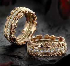 two different types of gold rings with diamonds on each one and the other side is shown