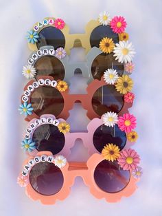 Made to order, Personalized kids flower sunglasses. Fast shipping! Personalized Kids Sunglasses, Diy Flower Sunglasses, Barbie Theme Activities, Flower Power 1st Birthday, Groovy Sleepover Party, Groovy Crafts For Kids, Fun Personalized Sunglasses For The Beach, Fun Personalized Sunglasses For Beach, Custom Name Fun Sunglasses For Summer