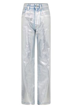 Straight Leg Silver Jeans, Silver Jeans Womens, Metallic Shiny Spring Pants, Trendy Metallic Wide Leg Jeans, Trendy Metallic Wide-leg Jeans, Modern Metallic Straight Leg Pants, Metallic Straight Leg Jeans For Spring, Spring Metallic Straight Leg Jeans, Trendy Silver Pants For Spring